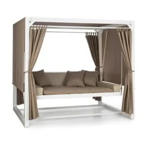 Blumfeldt Eremitage Balancelle de jardin luxe avec auvent, rideaux et 3 coussins 236 x 180 x 210 cm - Blanc et taupe