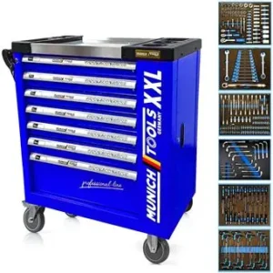 Servante d'Atelier MUNICH TOOLS XXL Cabinet 7/6 Bleu, sur 4 roulettes 7 tiroirs dont 6 outillés -