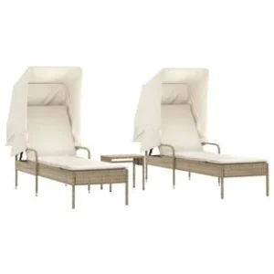 vidaXL Chaises longues lot de 2 avec auvents et table beige poly rotin3261573